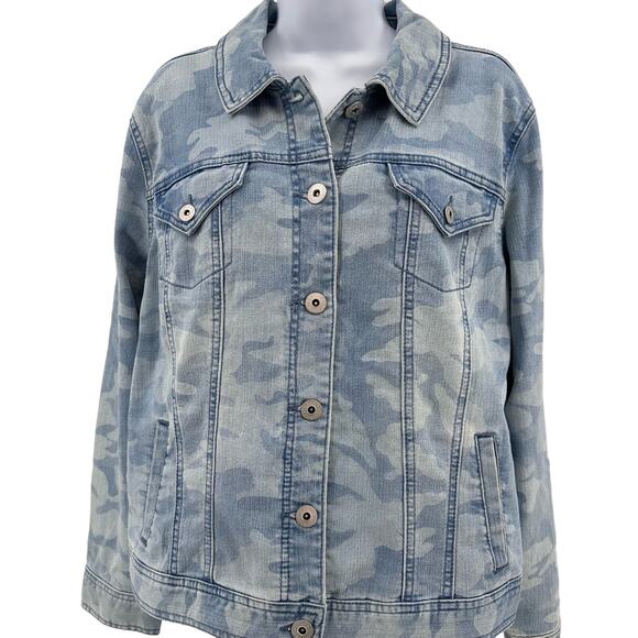 Style & Co Blue Denim Camo Jacket Womens Large Button Up Regular Fit Long Sleeve - Picture 2 of 10